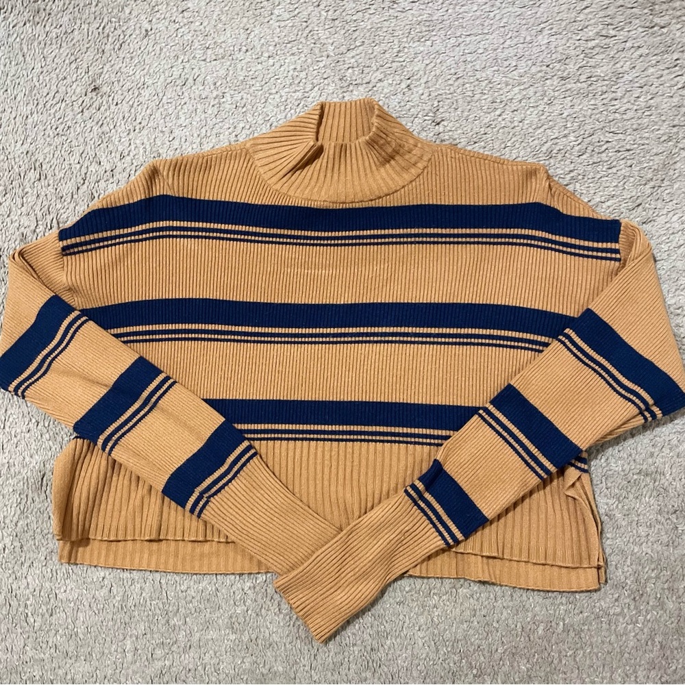 Arizona Jean Company Tan and Navy Striped Turtleneck Sweater